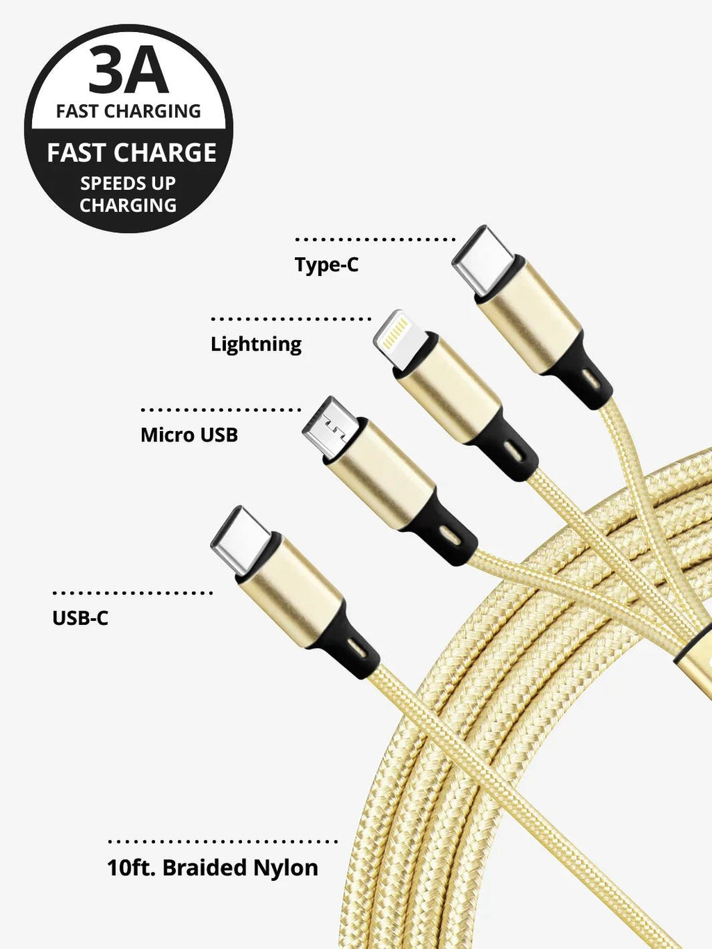 USB - C Gold 3 - in - 1 Charging Cable - Electronic Accessories Outlet