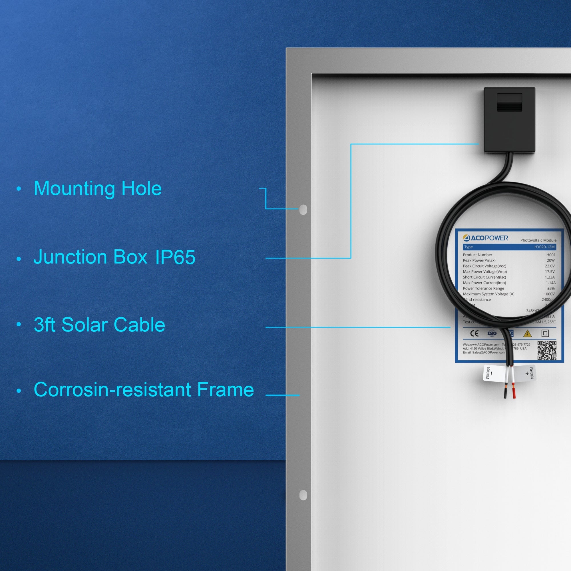 20W 12V Monocrystalline Solar Panel - Portable Power for RV, Boat & Off-Grid
