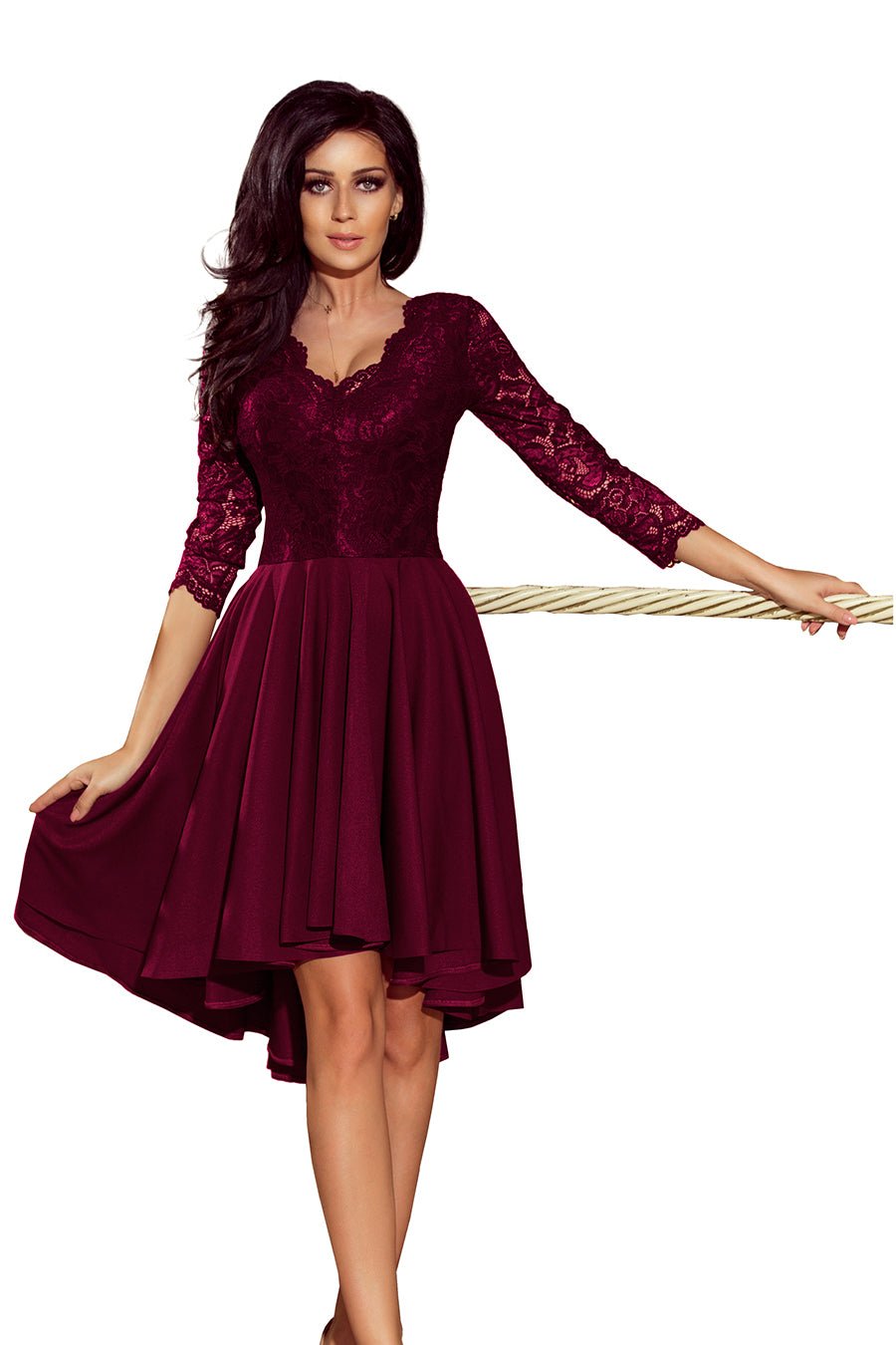 Numoco 210 - 13 NICOLLE - dress with longer back with lace neckline - plum - Electronic Accessories Outlet
