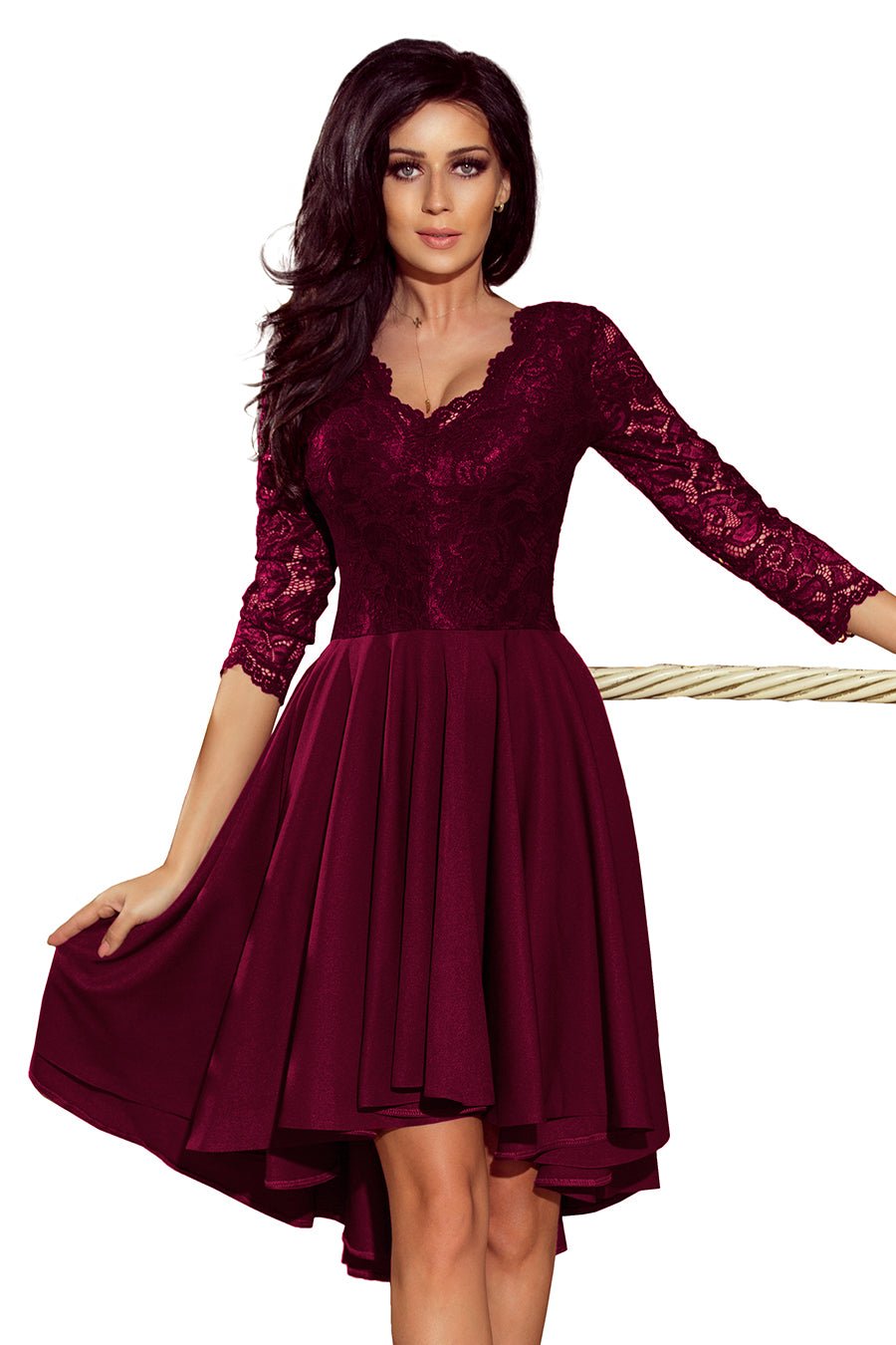 Numoco 210 - 13 NICOLLE - dress with longer back with lace neckline - plum - Electronic Accessories Outlet
