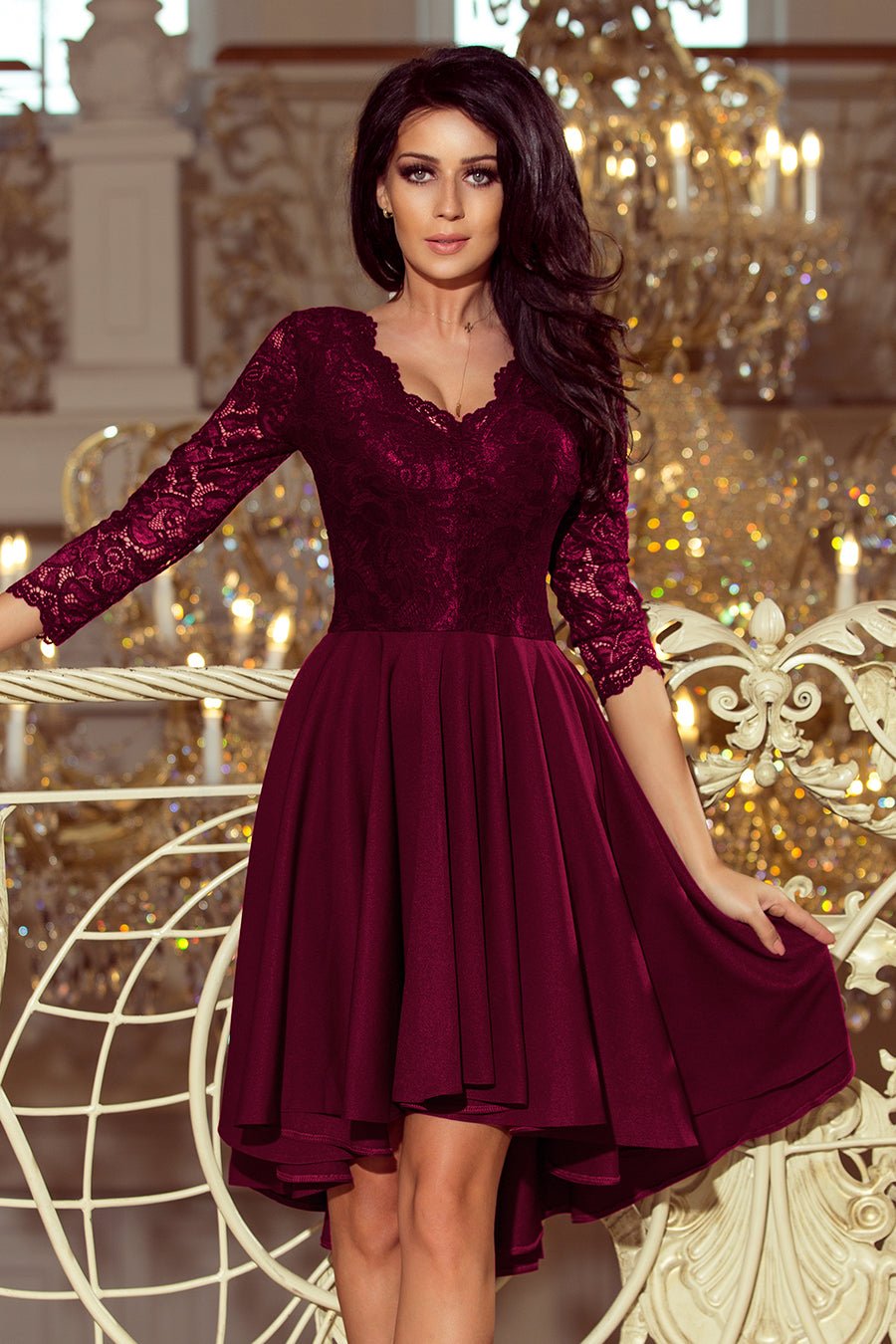 Numoco 210 - 13 NICOLLE - dress with longer back with lace neckline - plum - Electronic Accessories Outlet