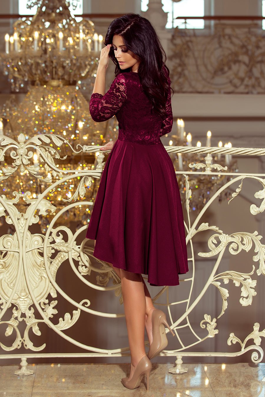 Numoco 210 - 13 NICOLLE - dress with longer back with lace neckline - plum - Electronic Accessories Outlet