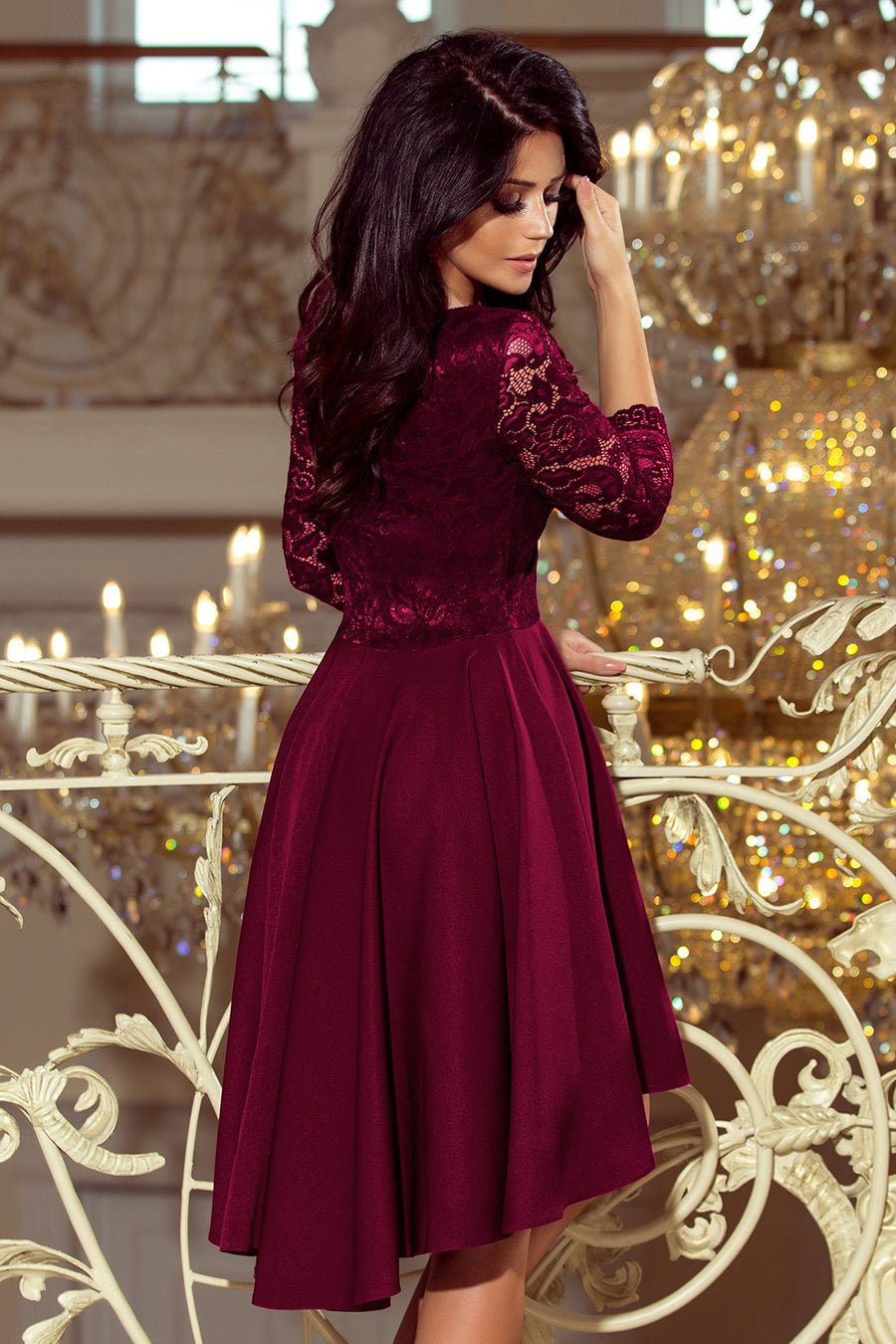 Numoco 210 - 13 NICOLLE - dress with longer back with lace neckline - plum - Electronic Accessories Outlet